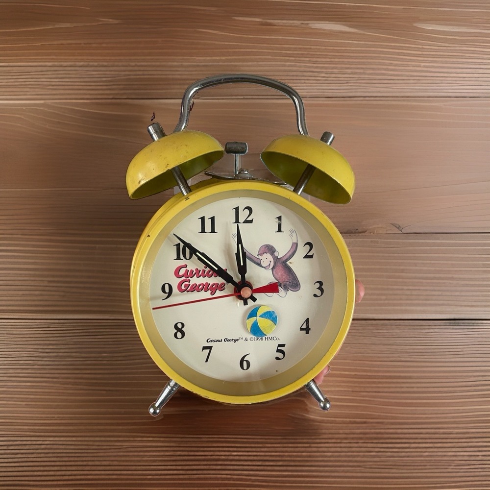 Vintage 1998 Curious George Yellow Twin Bell Alarm Clock Schylling WIND UP WORKS
